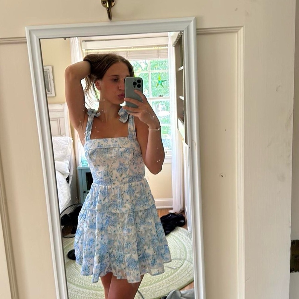 Altar’d State Dainty White + Blue Floral Mini Sundress Size M Brunch Tea Party